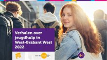 Voorblad wrap up met jongeren, vooraan een meisje dat in de camera kijkt. Met de tekst verhalen over jeugdhulp in West-Brabant West 2022.